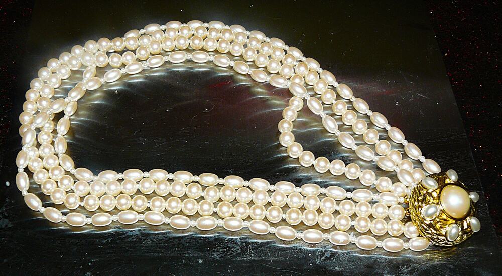 Vintage 4 Strand Faux Pearl Necklace Ornate Gold-Tone Clasp Statement Jewelry